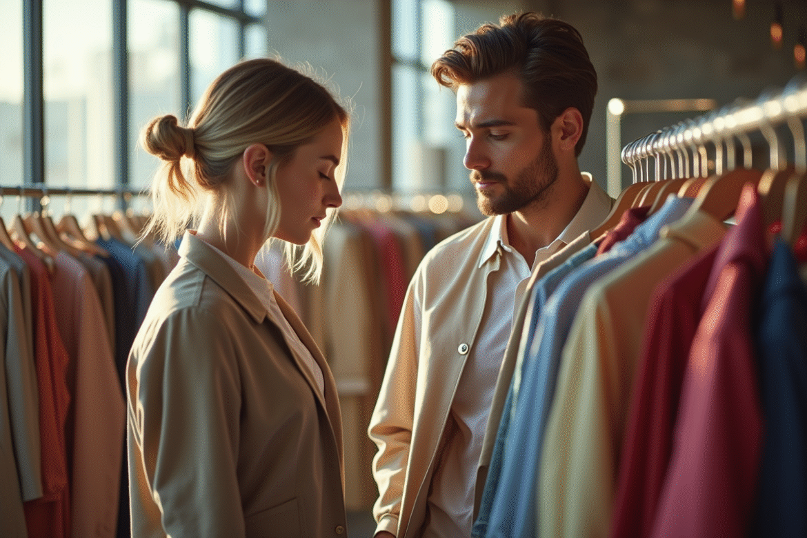 Jeune femme et homme mode dans un magasin lumineux