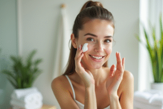 Jeune femme appliquant une crème visage dans une salle de bain lumineuse