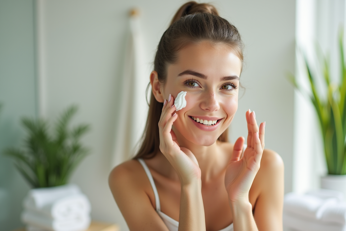 Jeune femme appliquant une crème visage dans une salle de bain lumineuse