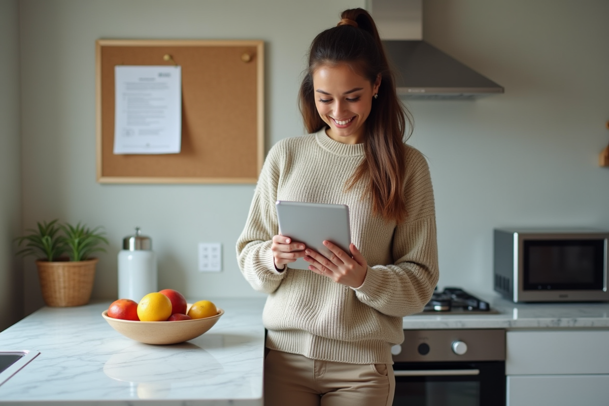 Jeune femme utilisant une tablette dans une cuisine lumineuse