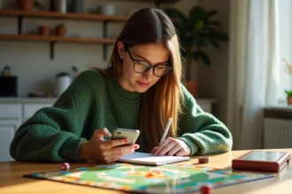 Jeune femme concentrée jouant à Monopoly Go à la maison