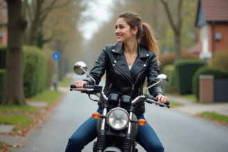 Jeune femme souriante sur une moto cruiserstyle en ville