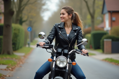 Jeune femme souriante sur une moto cruiserstyle en ville