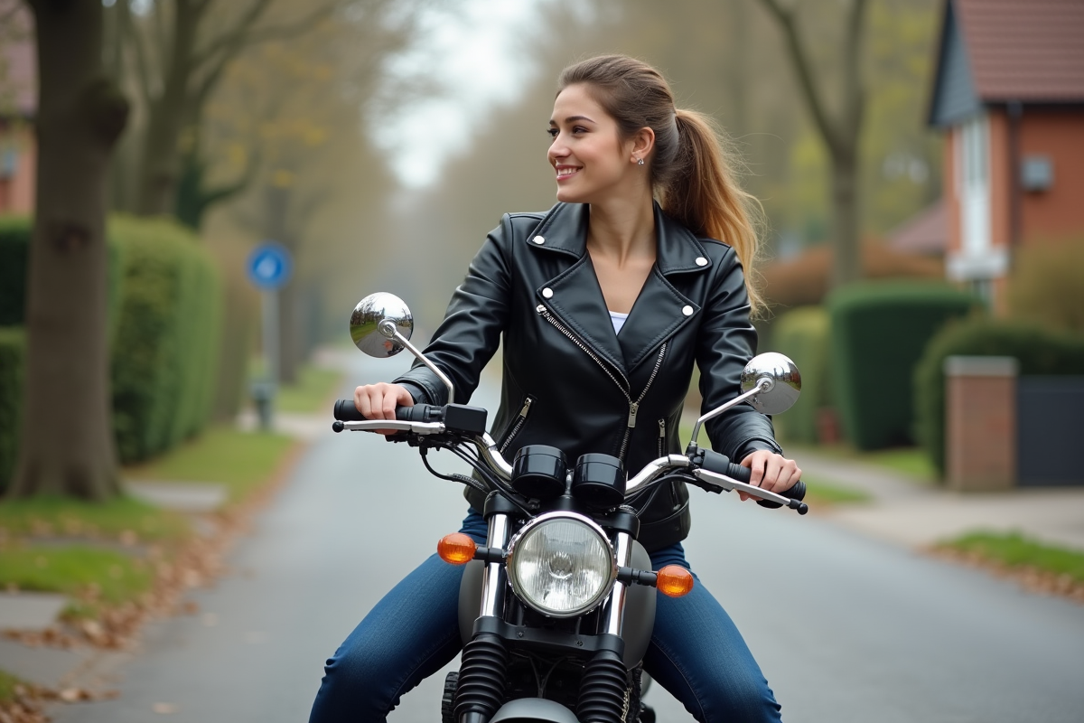 Jeune femme souriante sur une moto cruiserstyle en ville
