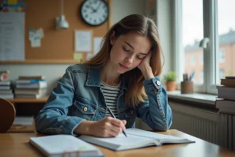 Jeune femme en étude dans une chambre universitaire