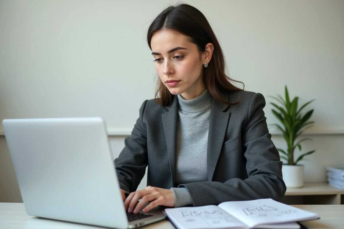 Jeune femme professionnelle rédigeant une lettre urgente au préfet sur ordinateur portable avec notes manuscrites