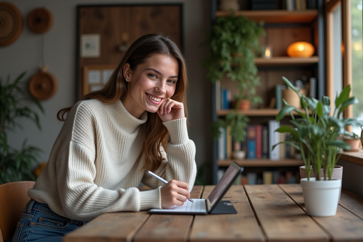 Jeune femme utilisant une tablette dans un intérieur chaleureux