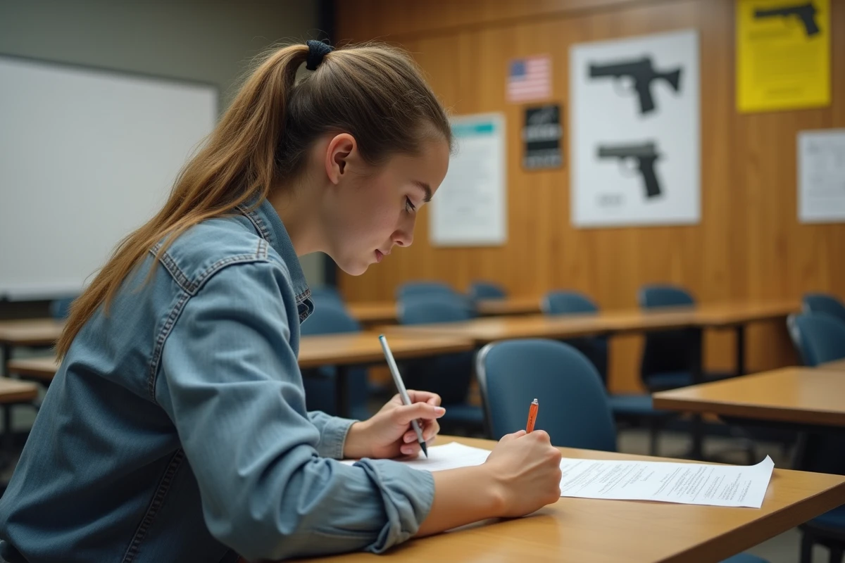 Jeune femme en classe passant un test de sécurité des armes