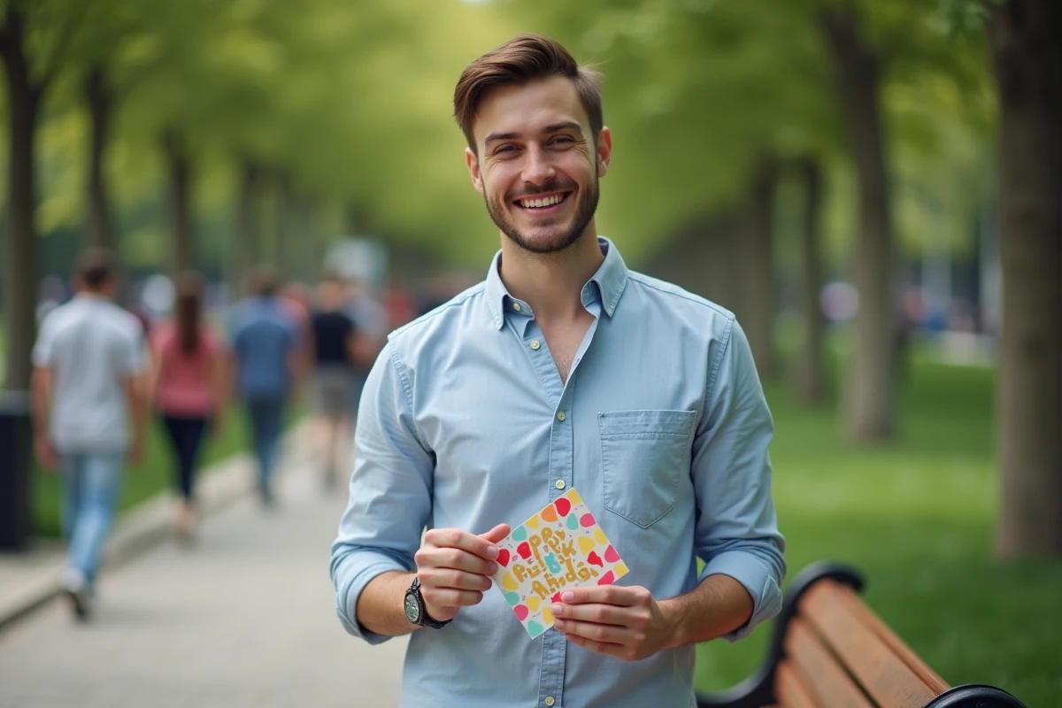 Jeune homme souriant avec carte d anniversaire dans un parc
