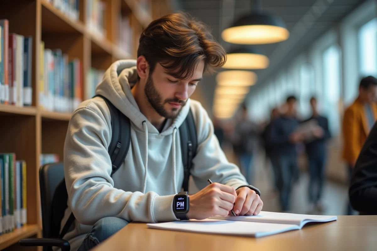 Jeune homme en bibliothèque en train de vérifier l’heure