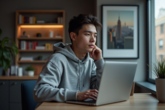 Jeune homme en hoodie travaillant sur un laptop dans un appartement