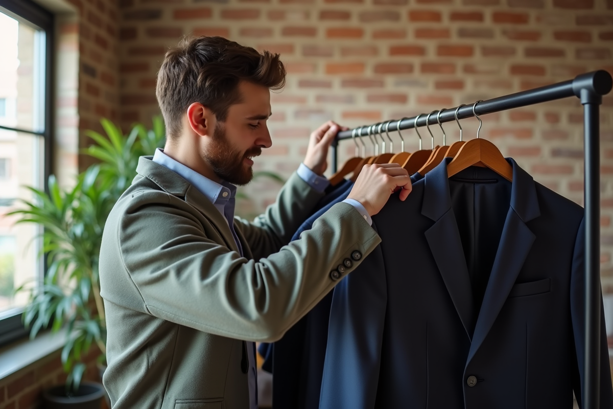 Jeune homme sélectionnant une veste dans un studio urbain