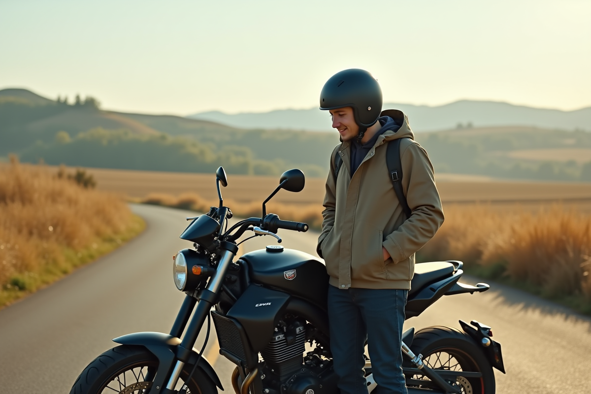 Jeune homme débutant à côté de sa moto en campagne