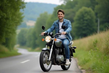 Jeune homme à moto 125cc dans la campagne