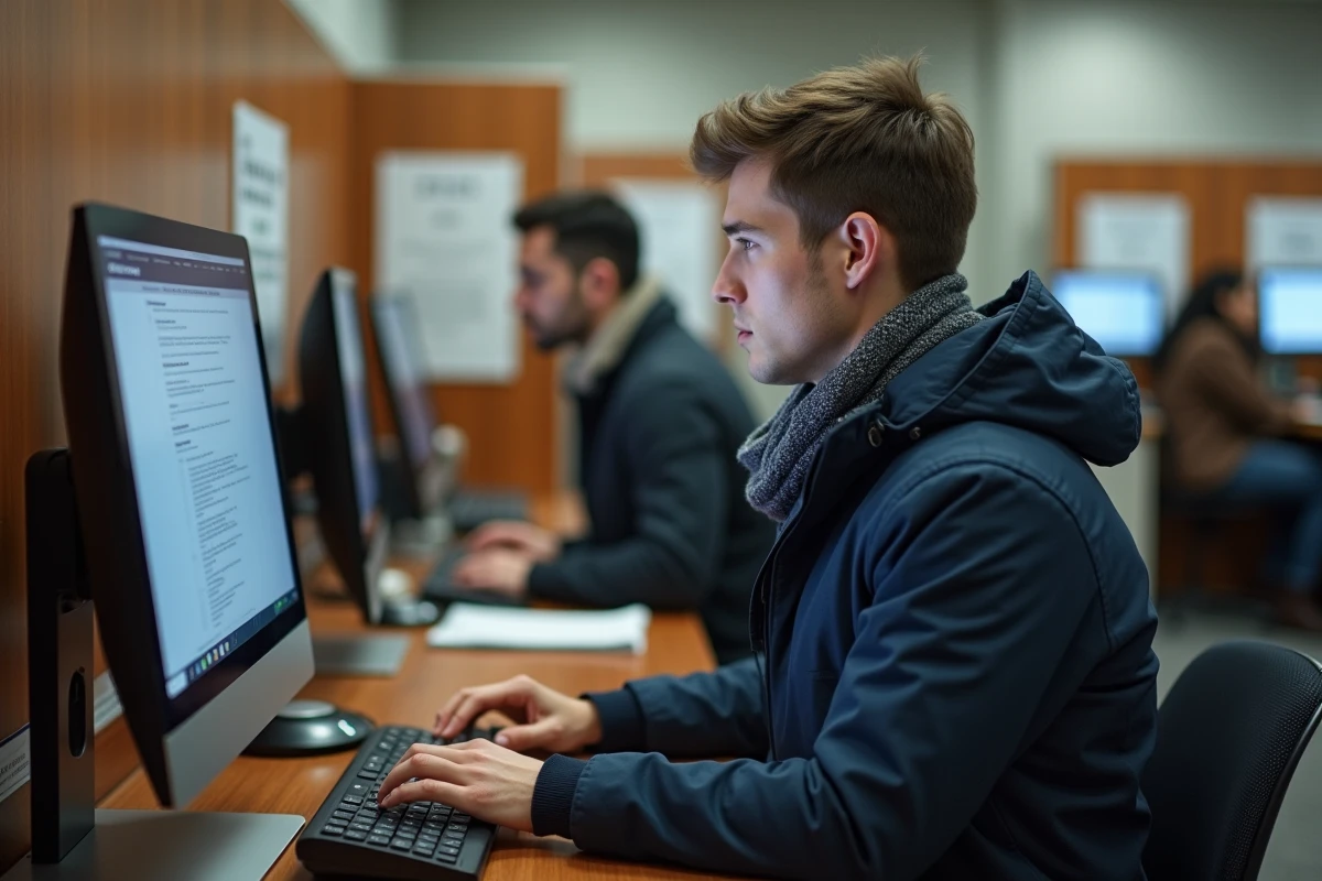 Jeune homme utilisant un ordinateur dans un espace public
