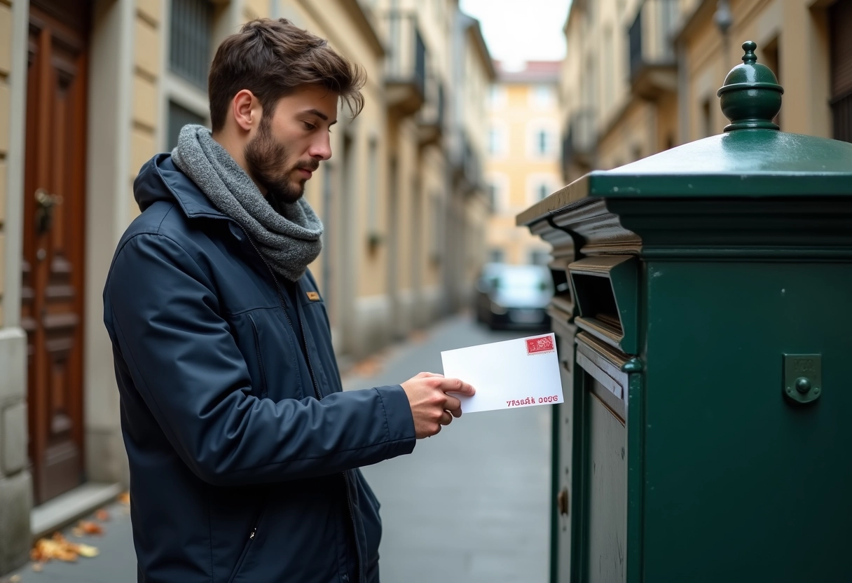 Jeune homme dépose une lettre dans une boîte aux lettres