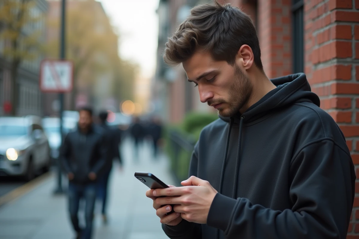 Jeune homme dans la rue hésitant à rappeler un numéro de téléphone inconnu avec l'indicatif 41