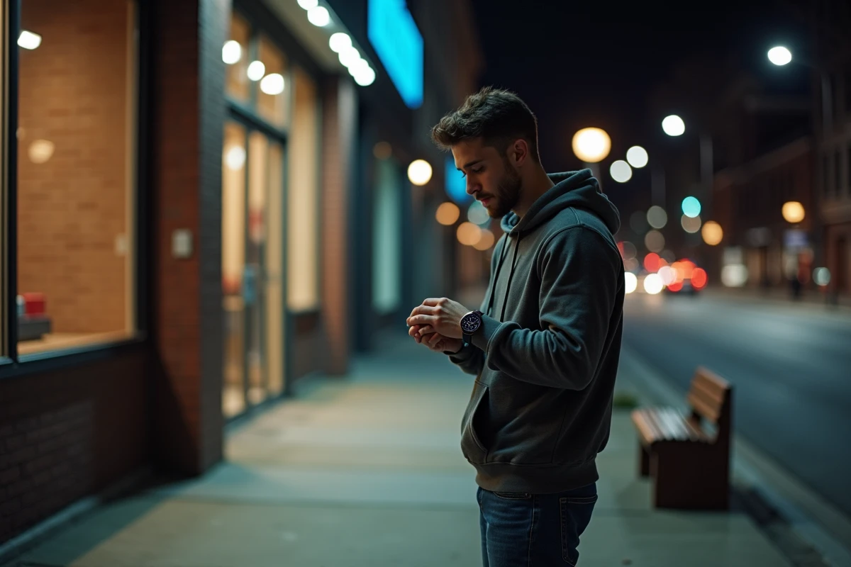 Jeune homme regardant sa montre dans une rue urbaine la nuit