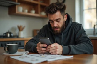 Jeune homme en hoodie planifiant Clash of Clans à la maison