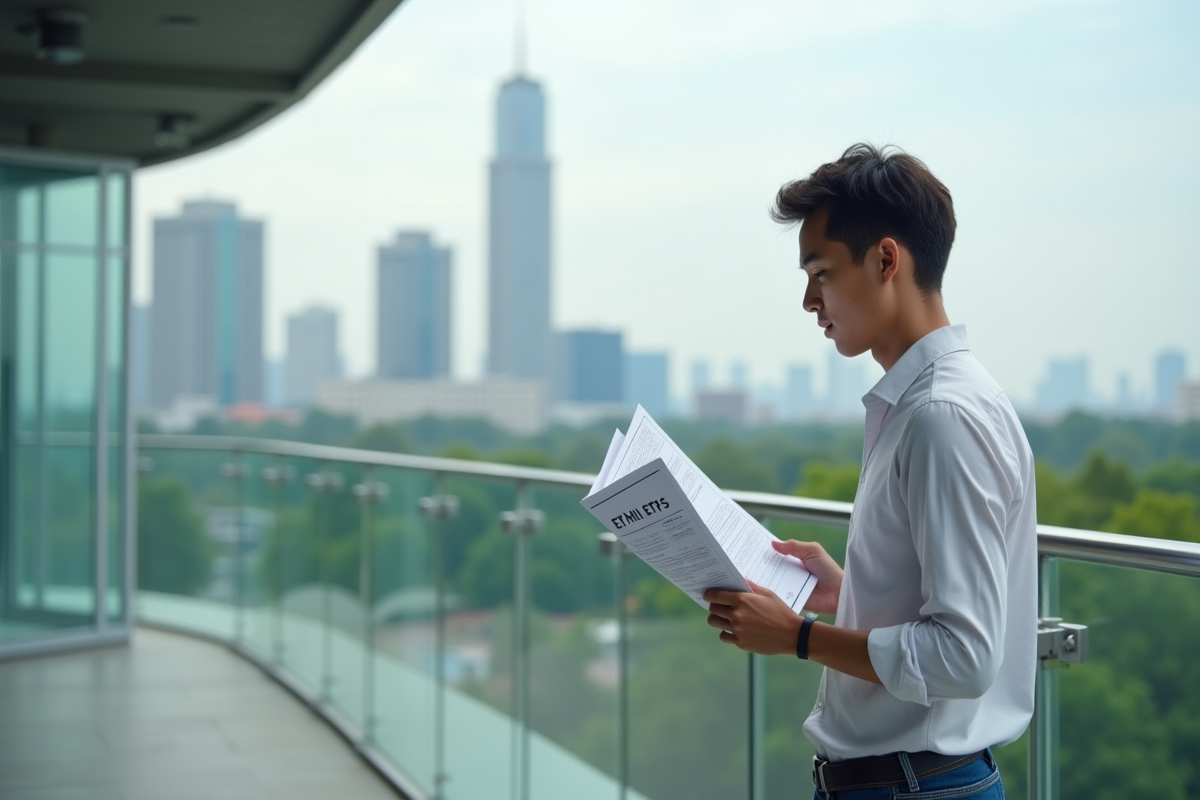 Jeune homme regardant un rapport financier sur une terrasse urbaine