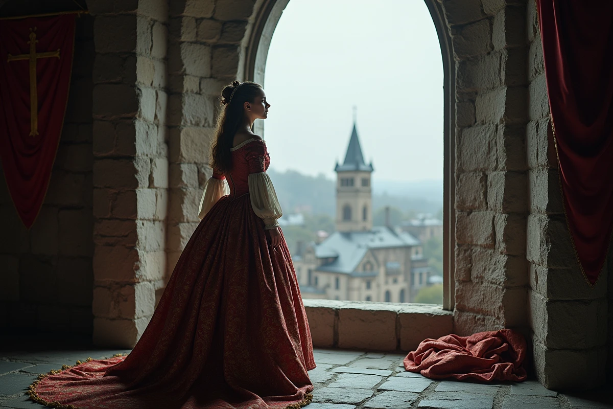 Jeune noble regardant par une fenêtre du château