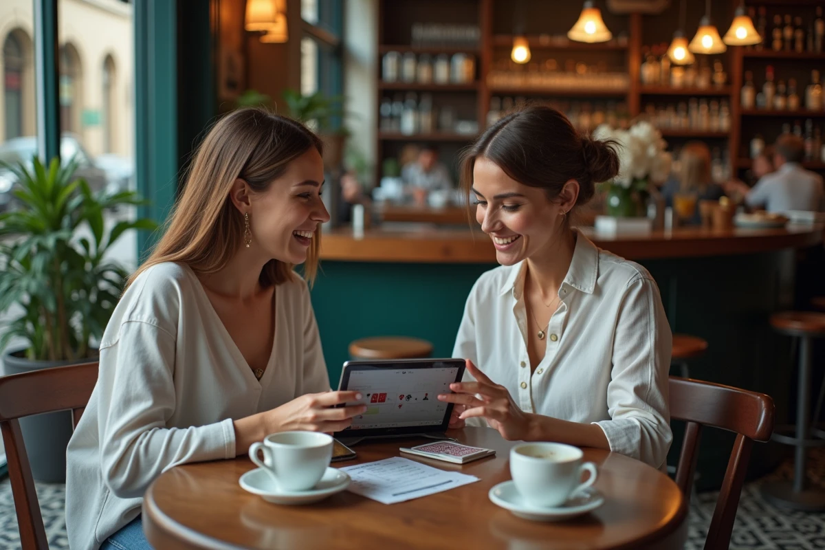 Deux femmes jouant à la coinche sur tablette dans un café français avec des cartes de belote posées sur la table