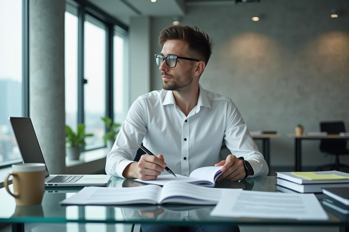 Juriste consultant des ouvrages juridiques et une base de données légale pour comprendre des termes réglementaires comme NORIAS dans des contrats