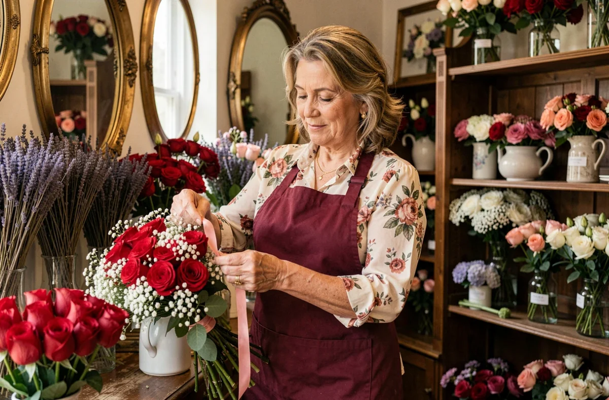 Monique, fleuriste de La Boutique Fleurie à Mirecourt, nouant un ruban sur un bouquet de roses rouges et gypsophile