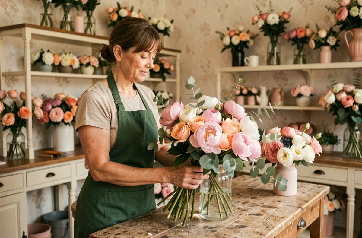 Fleuriste de La Comédie Des Fleurs à Épinal arrangeant un bouquet artistique de pivoines et roses