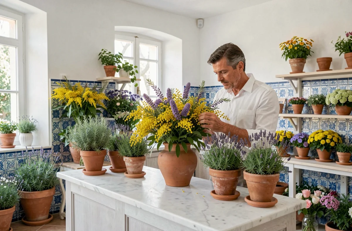 Intérieur méditerranéen du Cap d'Antibes à Vittel avec mimosa, lavande et compositions florales sur comptoir en marbre