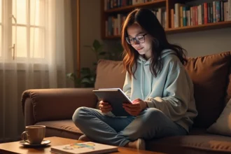 Jeune femme lisant un webtoon sur tablette dans un salon cosy entouré de mangas