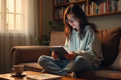Jeune femme lisant un webtoon sur tablette dans un salon cosy entouré de mangas