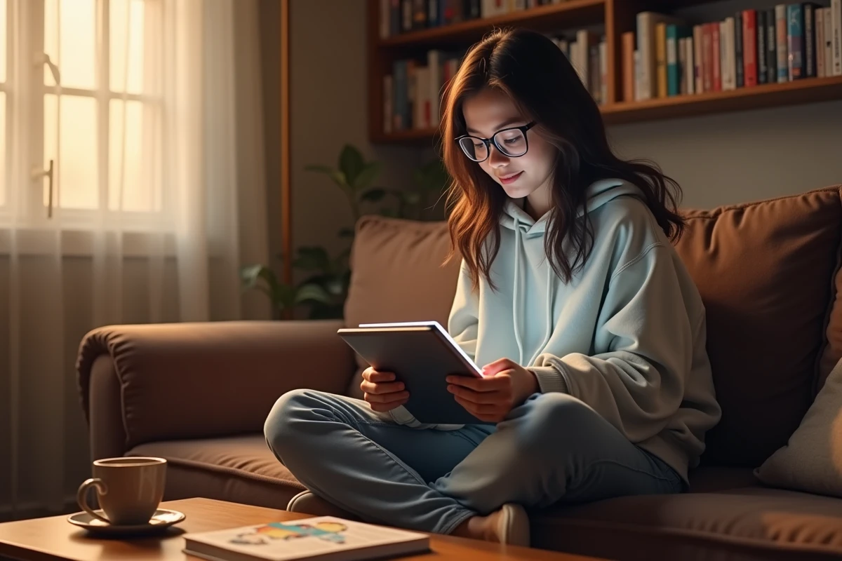 Jeune femme lisant un webtoon sur tablette dans un salon cosy entouré de mangas