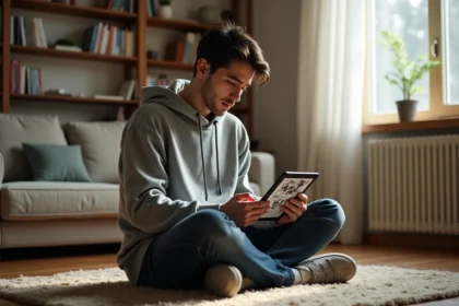 Jeune homme lisant un manga One Punch Man sur une tablette Android dans un salon cosy avec des étagères remplies de mangas