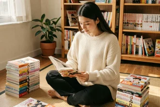 Jeune femme lisant un manga en version française dans un appartement cosy entourée de volumes empilés