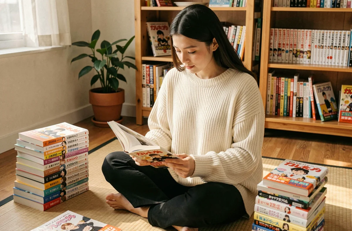 Jeune femme lisant un manga en version française dans un appartement cosy entourée de volumes empilés