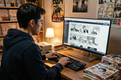 Jeune homme lisant One Piece en scan VF sur un ordinateur dans une chambre décorée de mangas