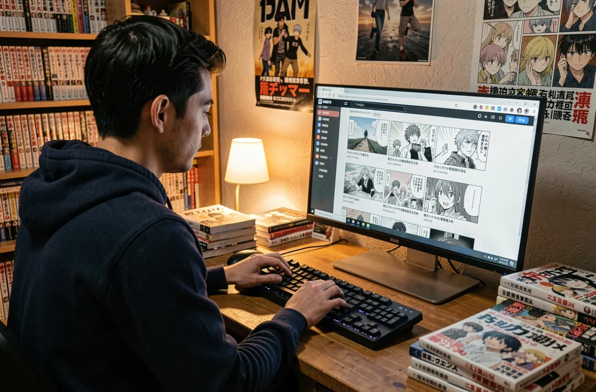 Jeune homme lisant One Piece en scan VF sur un ordinateur dans une chambre décorée de mangas