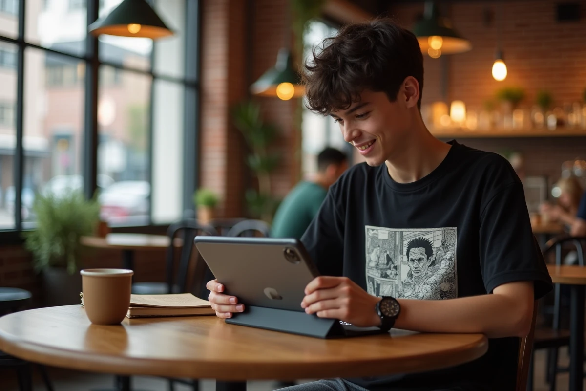 Adolescent lisant des scanlations de manga One Punch Man sur iPad dans un café urbain avec murs en briques apparentes