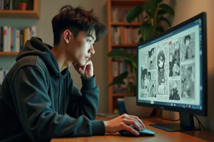 Jeune homme lisant des scans manga sur un grand écran dans un bureau cosy entouré de livres