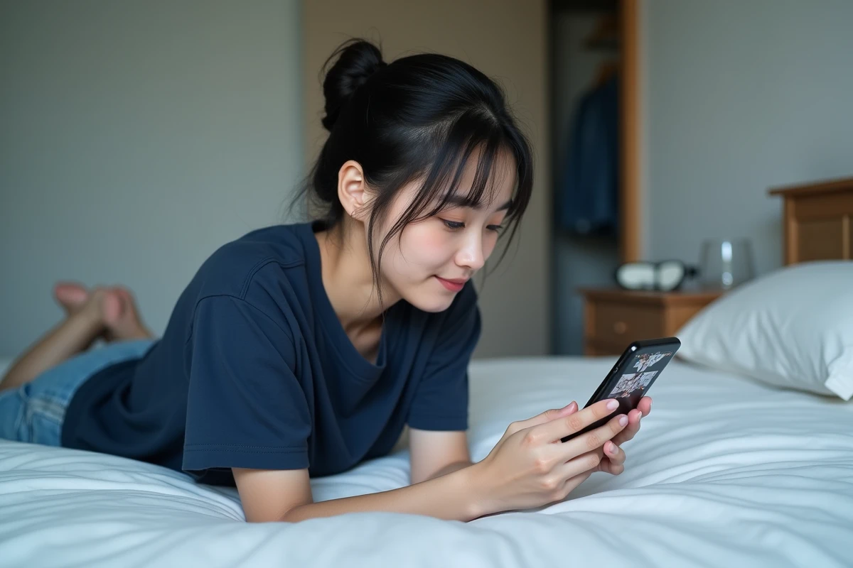 Femme lisant des scanlations de manga sur smartphone en position détendue allongée sur un lit aux draps blancs