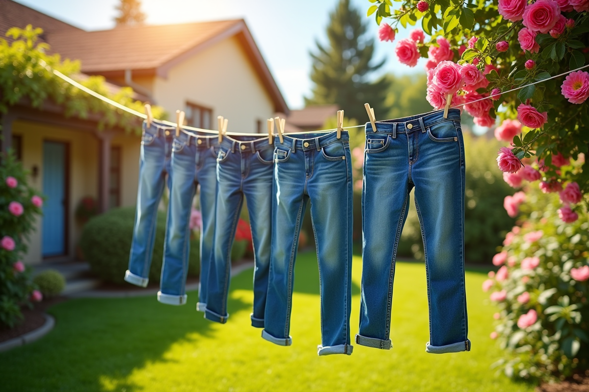 Linge de jeans suspendus sur une corde dans un jardin ensoleille