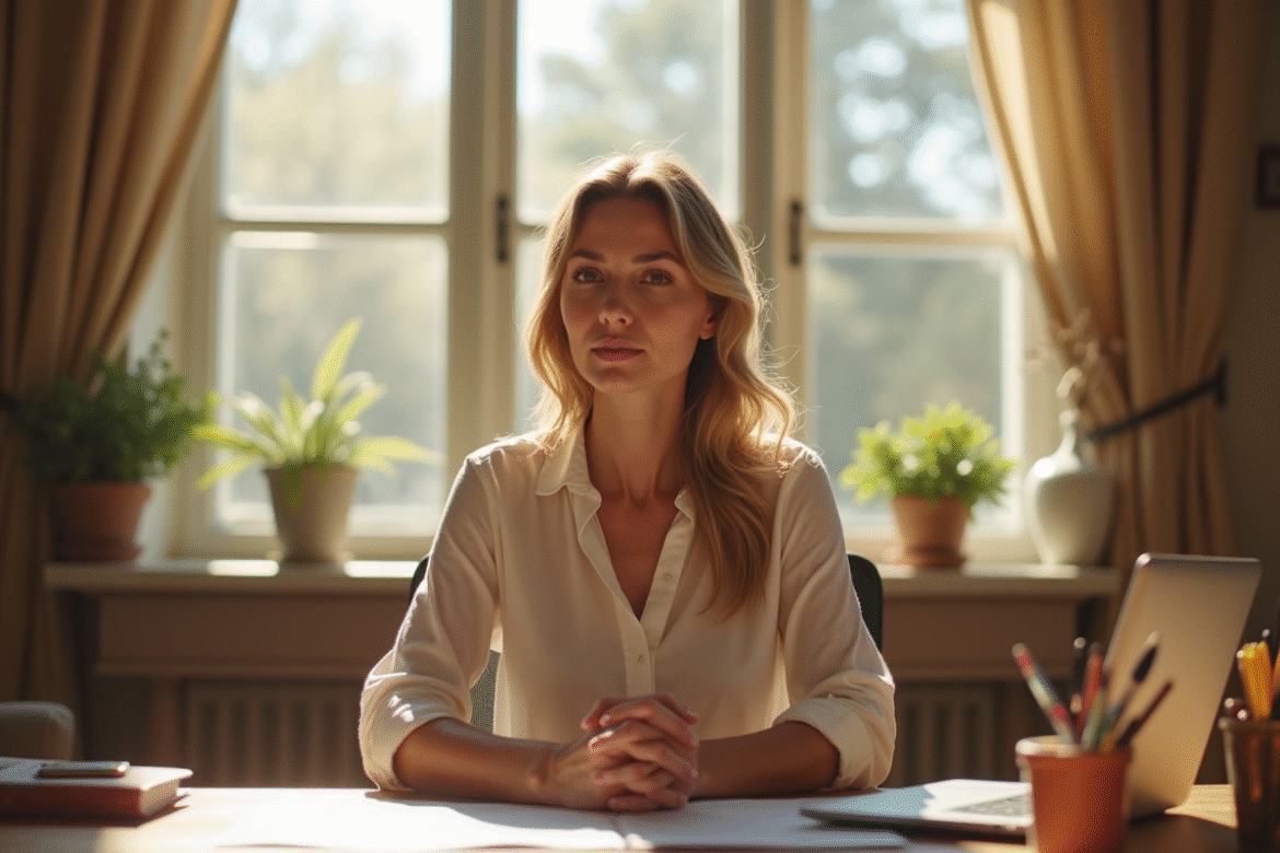 Lisa Thorner assise à un bureau en bois éclairé par la lumière naturelle