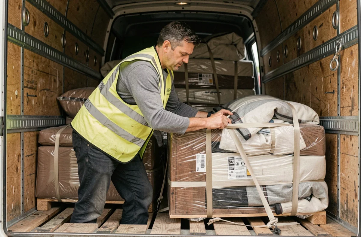 Chauffeur de LTA Transport sécurisant des meubles avec des sangles dans la remorque d'un camion de transport