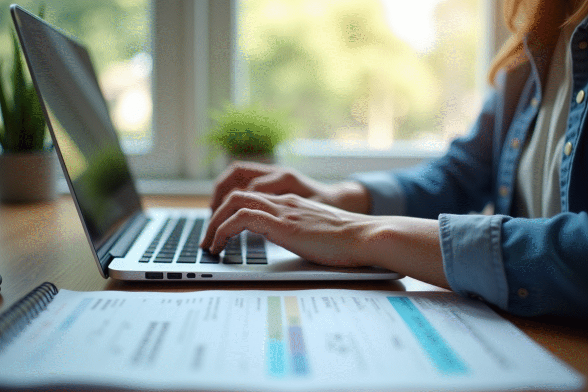 Main utilisant une banque en ligne sur un ordinateur moderne