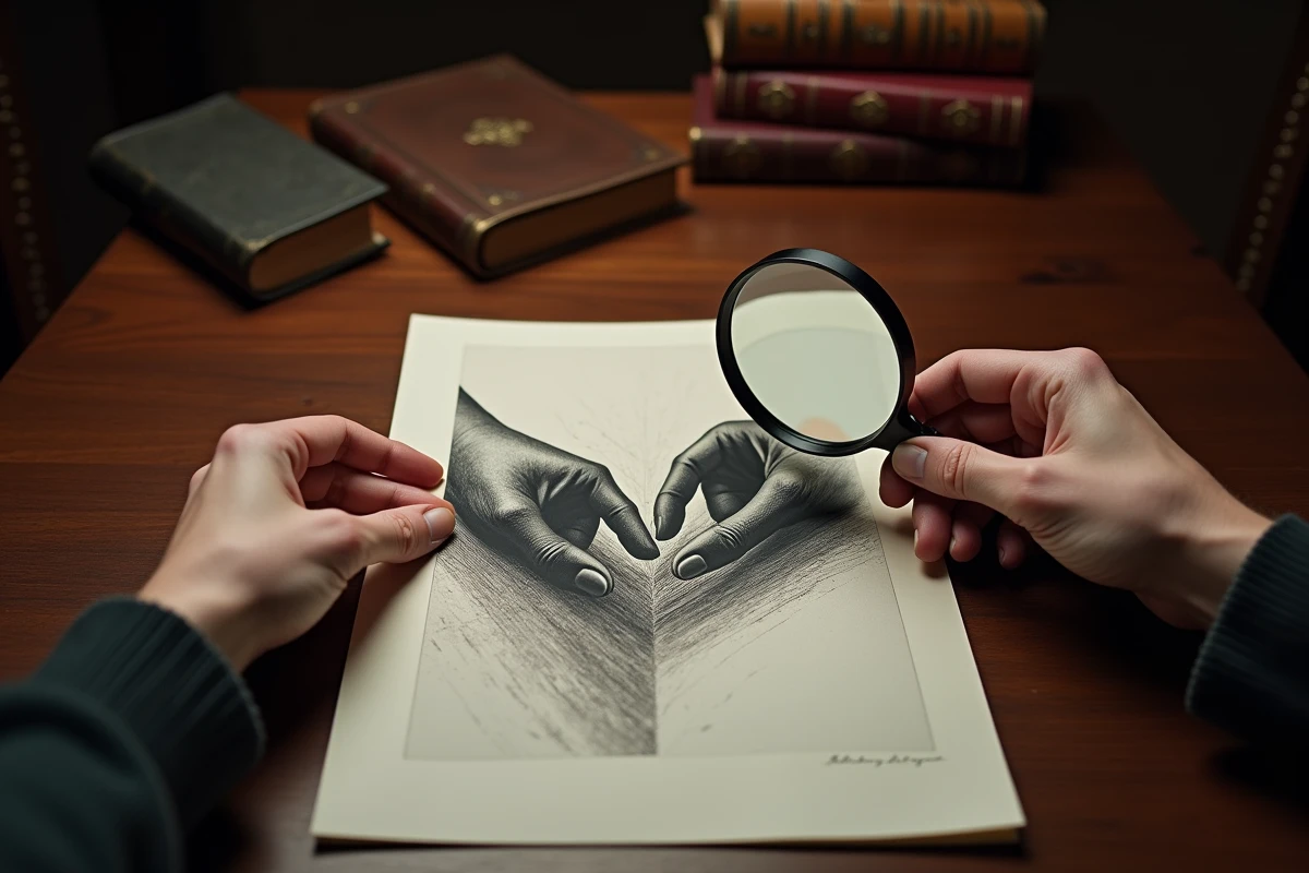 Mains tenant une loupe sur la lithographie Les Mains qui se dessinent d'Escher posée sur une table en acajou