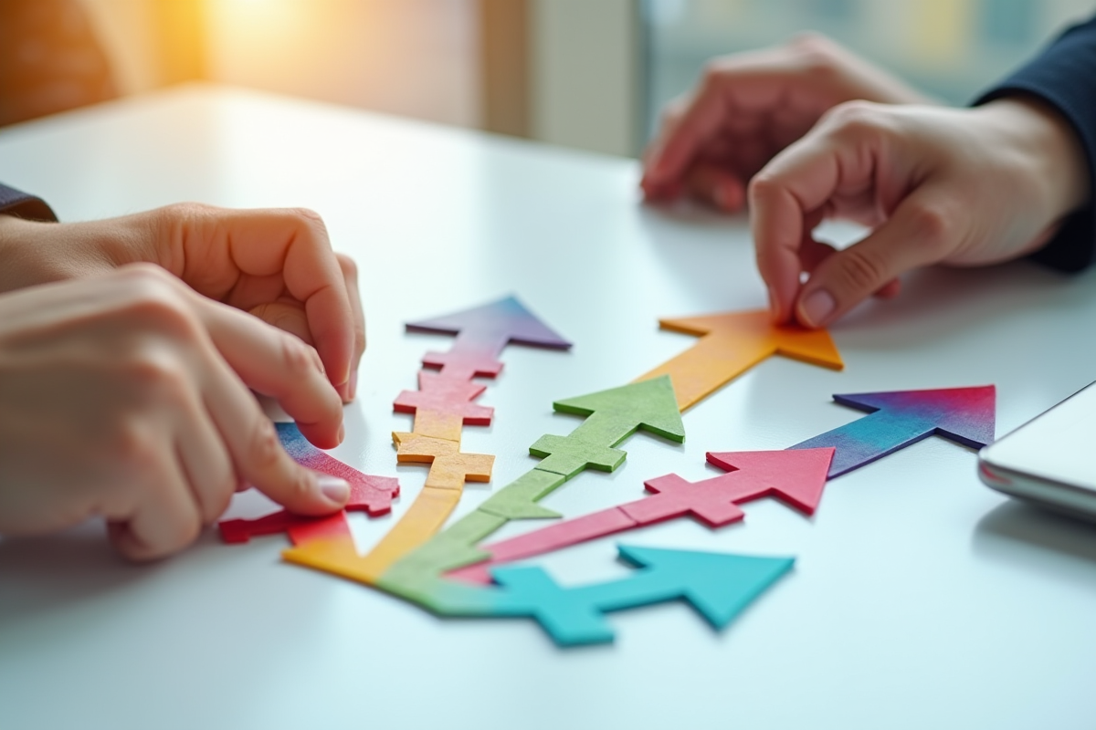Mains manipulant des pièces de puzzle en flèche sur un bureau blanc