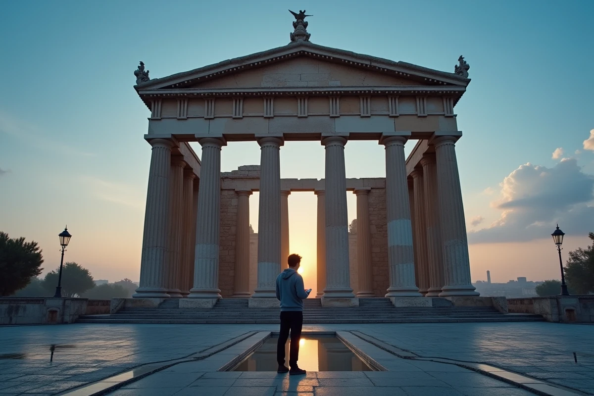 Maison Carrée de Nîmes à l'heure de Fajr avec ciel du petit matin symbolisant les horaires de prière