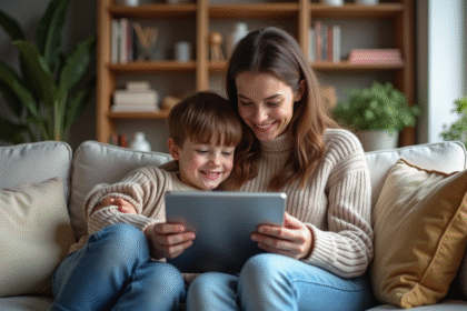 Mère souriante avec son fils regardant une tablette dans le salon