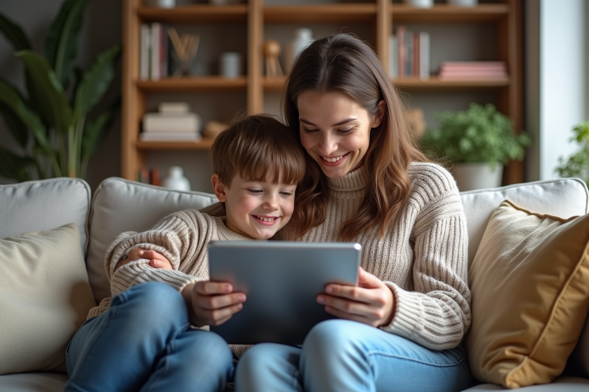 Mère souriante avec son fils regardant une tablette dans le salon